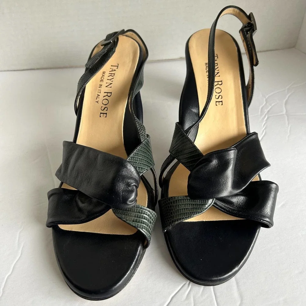 Taryn Rose Black Green Leather Sling‎ Back Sandals Women's Size 38 (US Size 8M)